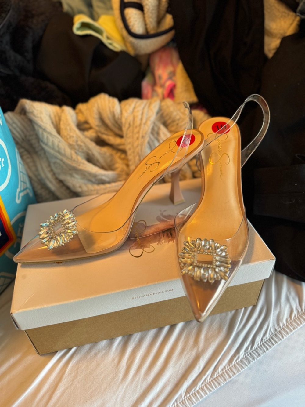 Jessica Simpson JP- ForleigClear Slingback Pointed Toe Heels with Crystal Buckle